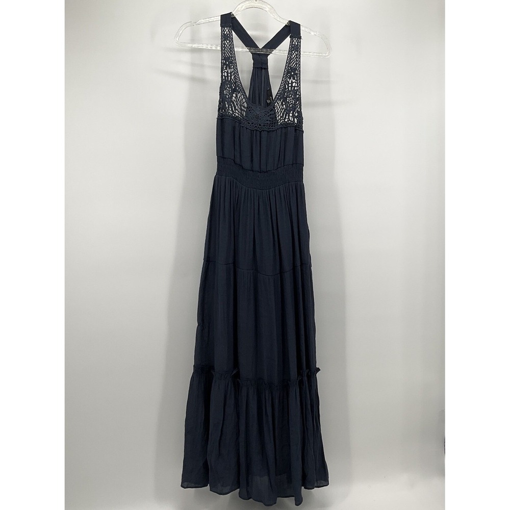 Maxi Dress Small Crochet Lace Flowy Blue Boho Fairycore Whimsigoth Racerback